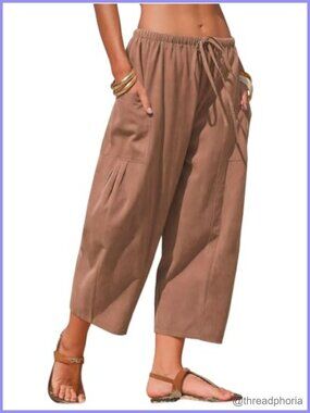 EXLURA Faux Linen Gingham Capri Pants Summer Cotton Barrel Pants